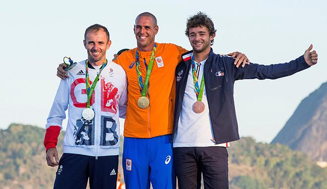 RS:X Men’s Nick Dempsey on the podium - 2016 Rio Olympic and Paralympic Games  © David Branigan